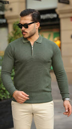 Erkek Fermuarlı Yarım V Yaka Düz Renk Triko – Sportif & Şık Tasarım, Rahat Günlük Kazak