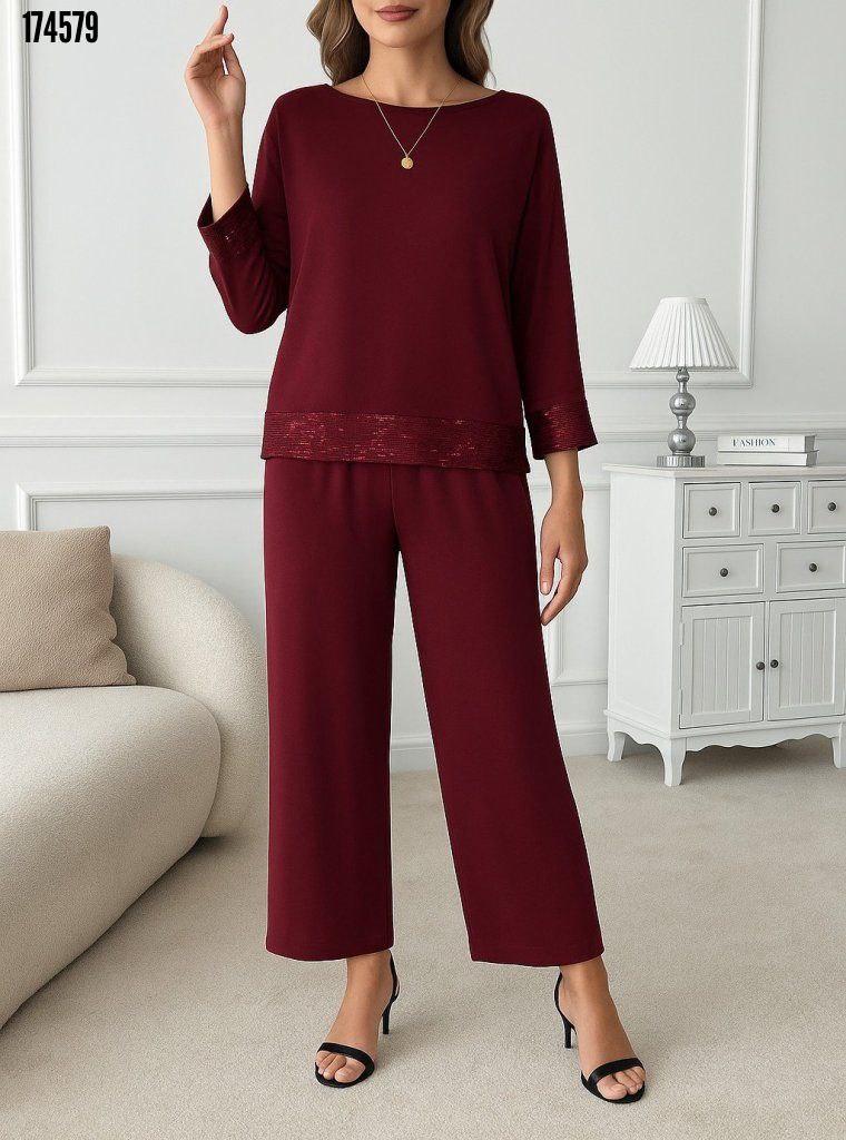 Kadın Bisiklet Yaka Pul Payetli Viskon İki İplik Bluz & Pantolon İkili Takım – Şık & Rahat Set