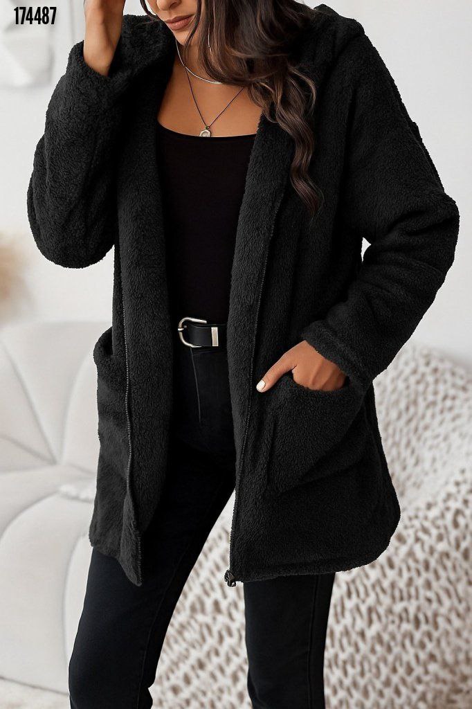 Kadın Kapşonlu Önden Fermuarlı Cepli Welsoft Peluş Ceket – Yumuşak & Sıcak Dış Giyim