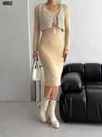 Kadın Bisiklet Yaka Midi Elbise & Dantel Güpür Detaylı Yelek | Şık İkili Takım