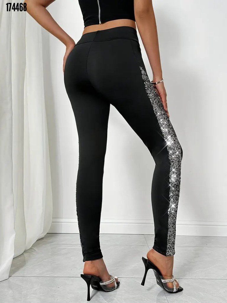 Kadın Yüksek Bel Şerit Detaylı Pul Payetli Dalgıç Tayt