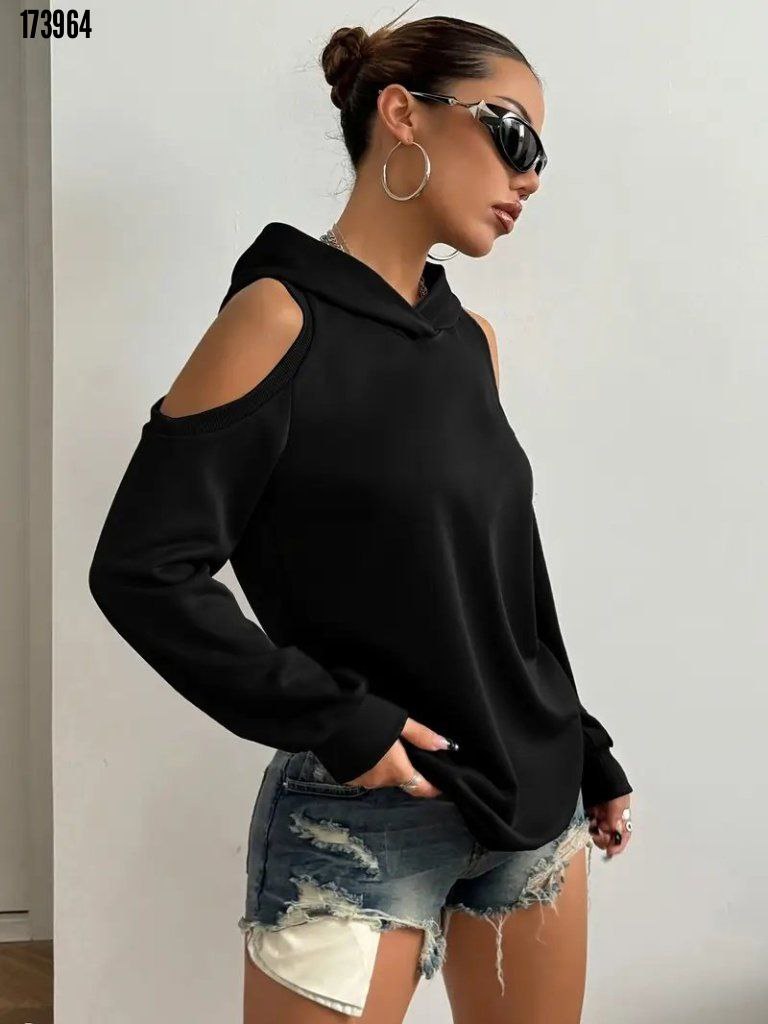 Kadın Uzun Kollu Kapüşonlu Omuzları Açık Viskon İki İplik Bluz