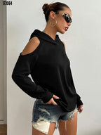 Kadın Uzun Kollu Kapüşonlu Omuzları Açık Viskon İki İplik Bluz