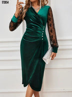 Kadın Kruvaze Yaka Yandan Düğmeli Çapraz Kesim Detaylı Midi Kadife Elbise – Şık & Zarif Tasarım