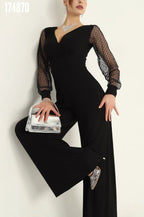 Kadın Derin V Yaka Puantiyeli Tül Kol Detaylı İspanyol Paça Tulum – Şık & Modern Tasarım