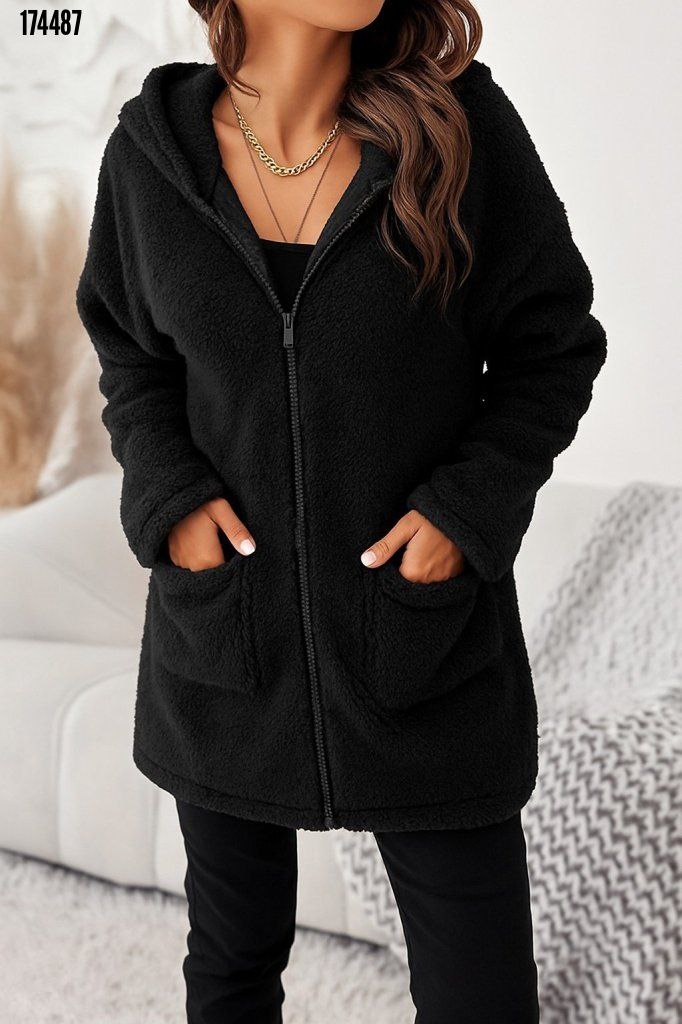 Kadın Kapşonlu Önden Fermuarlı Cepli Welsoft Peluş Ceket – Yumuşak & Sıcak Dış Giyim