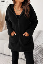 Kadın Kapşonlu Önden Fermuarlı Cepli Welsoft Peluş Ceket – Yumuşak & Sıcak Dış Giyim