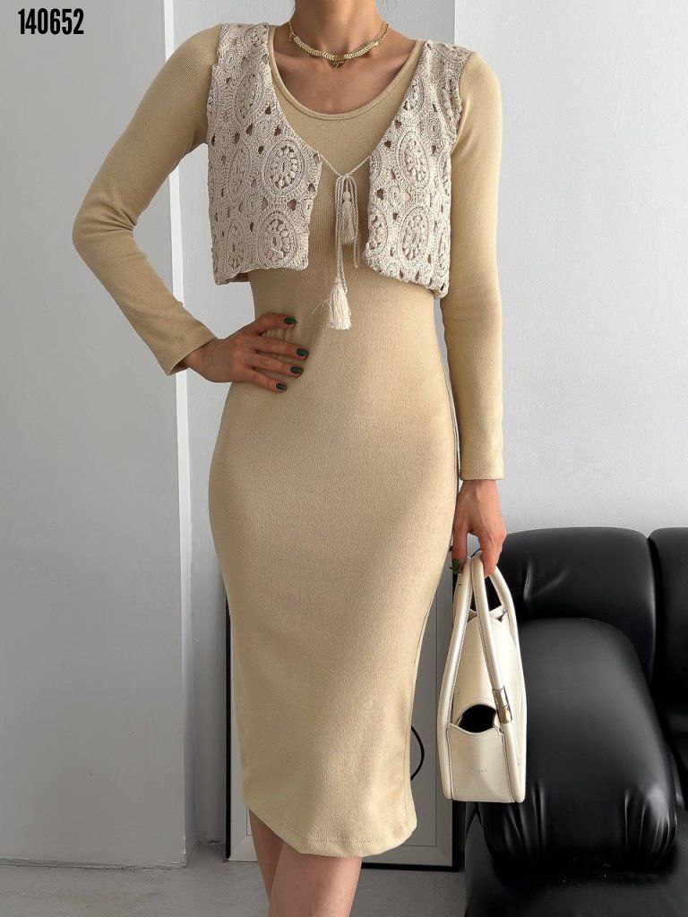 Kadın Bisiklet Yaka Midi Elbise & Dantel Güpür Detaylı Yelek | Şık İkili Takım