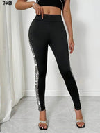 Kadın Yüksek Bel Şerit Detaylı Pul Payetli Dalgıç Tayt