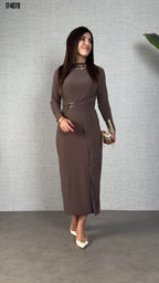 Kadın Balıkçı Yaka Toka Detaylı Sandy Kumaş Midi Elbise