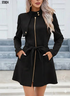 Kadın Süet Kaşe Kaban – Boyundan Düğmeli, Fermuarlı, Beli Kuşaklı Uzun Kollu Şık Dış Giyim