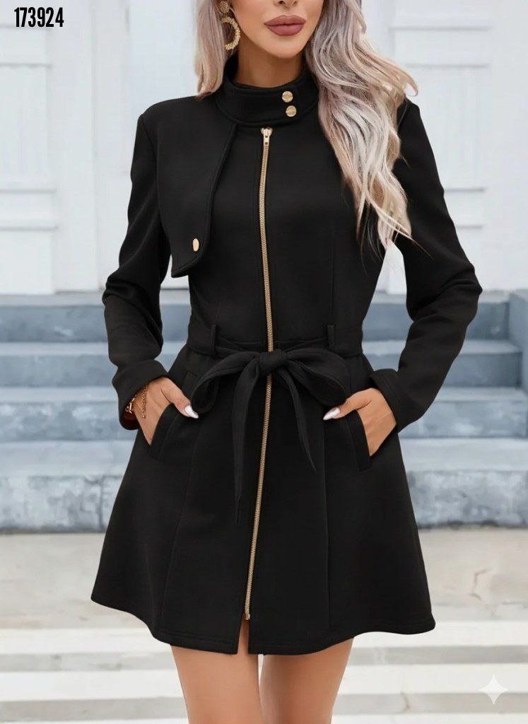 Kadın Süet Kaşe Kaban – Boyundan Düğmeli, Fermuarlı, Beli Kuşaklı Uzun Kollu Şık Dış Giyim