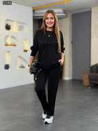 Kadın İnci Detaylı Modal Kumaş İkili Takım – Şık & Rahat Bluz Pantolon Set