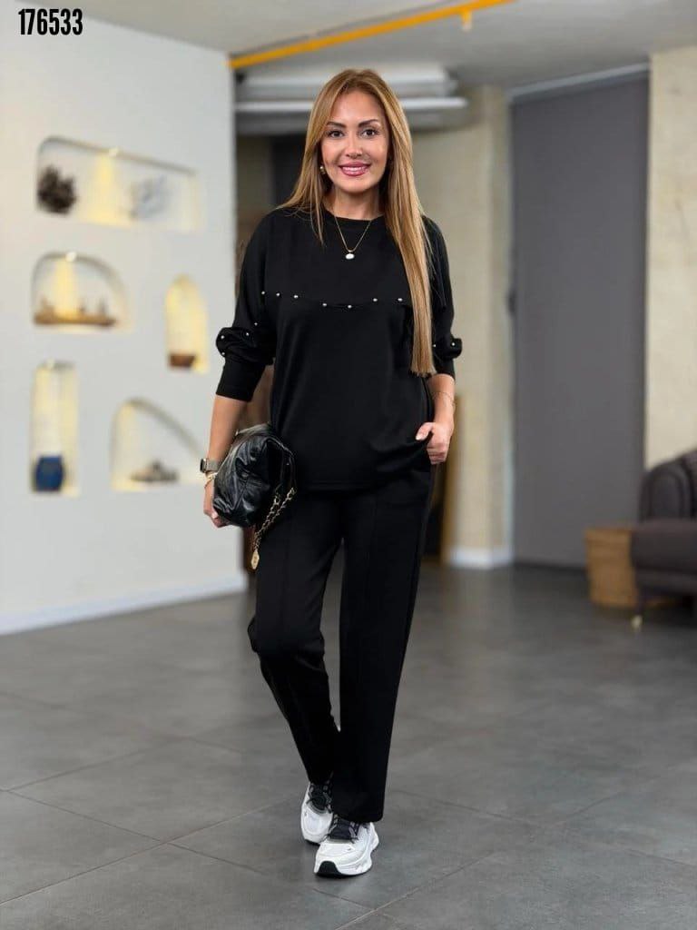 Kadın İnci Detaylı Modal Kumaş İkili Takım – Şık & Rahat Bluz Pantolon Set