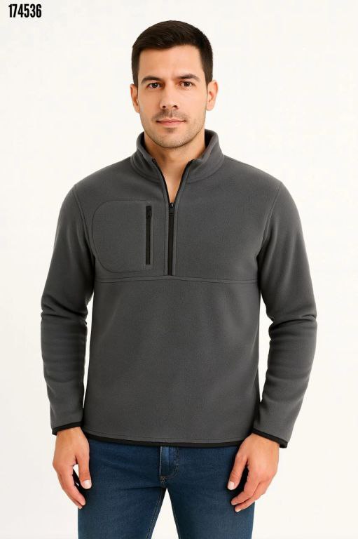 Erkek Polar Kazak – Dik Yaka Yarım Fermuarlı, Göğüs Cepli, Regular Fit Kışlık Siyah Polar