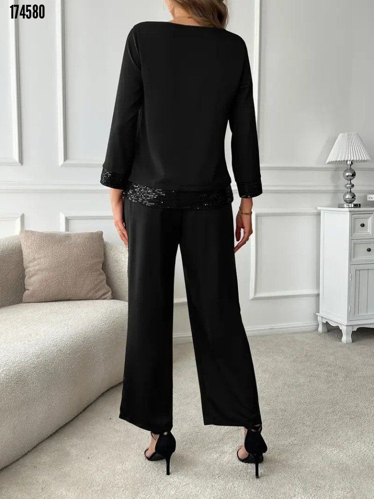 Kadın Bisiklet Yaka Pul Payetli Viskon İki İplik Bluz & Pantolon İkili Takım – Şık & Rahat Set