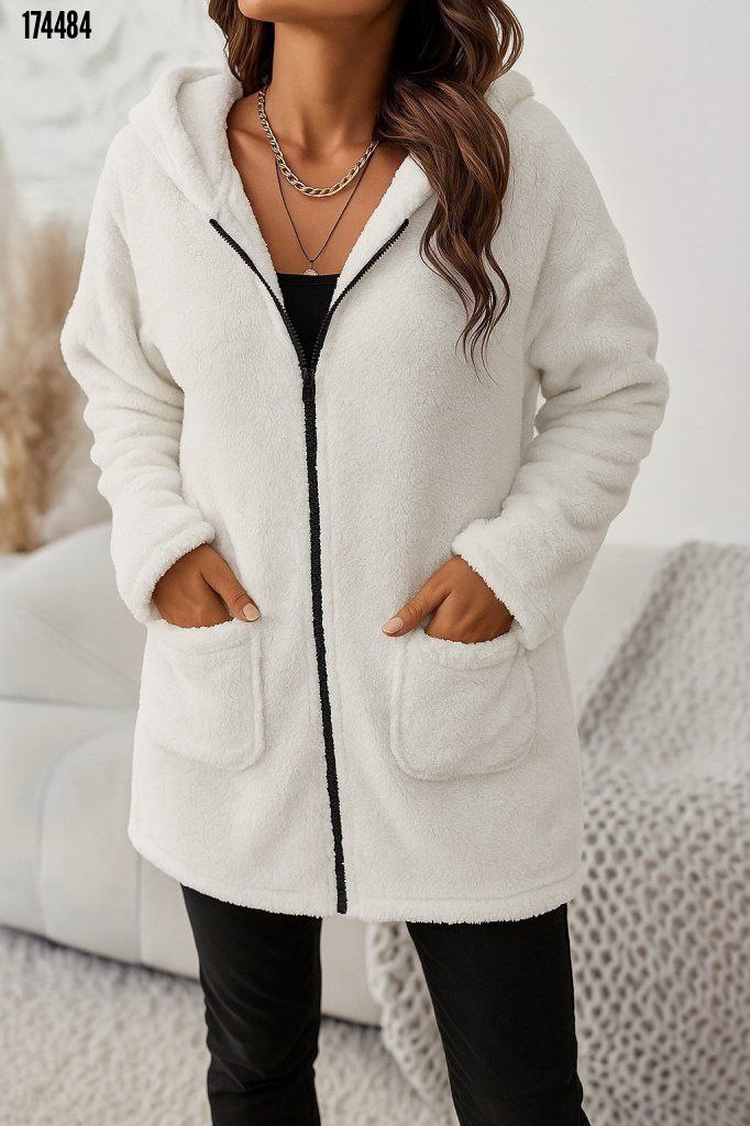 Kadın Kapşonlu Önden Fermuarlı Cepli Welsoft Peluş Ceket – Yumuşak & Sıcak Dış Giyim