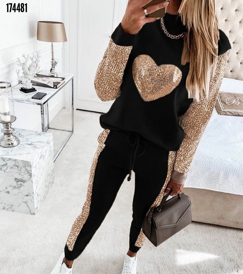 Kadın Pul Payet Detaylı Yarım Balıkçı Yaka İkili Takım – Şık & Modern İki İplik Set