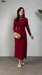 Kadın Balıkçı Yaka Toka Detaylı Sandy Kumaş Midi Elbise