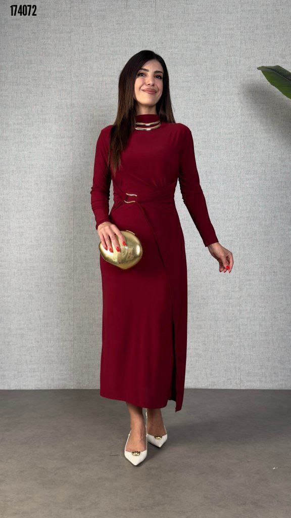 Kadın Balıkçı Yaka Toka Detaylı Sandy Kumaş Midi Elbise