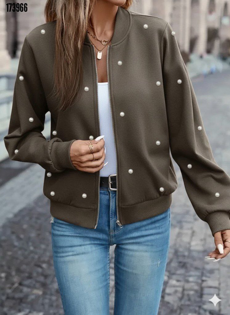 Kadın Uzun Kollu Önden Fermuarlı İnci Detaylı Kısa Modal Ceket