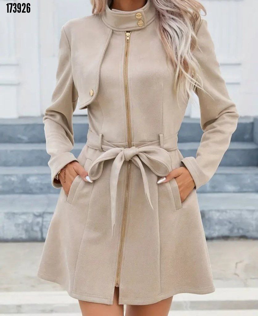 Kadın Süet Kaşe Kaban – Boyundan Düğmeli, Fermuarlı, Beli Kuşaklı Uzun Kollu Şık Dış Giyim
