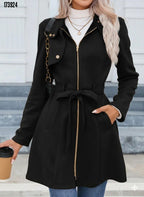 Kadın Süet Kaşe Kaban – Boyundan Düğmeli, Fermuarlı, Beli Kuşaklı Uzun Kollu Şık Dış Giyim