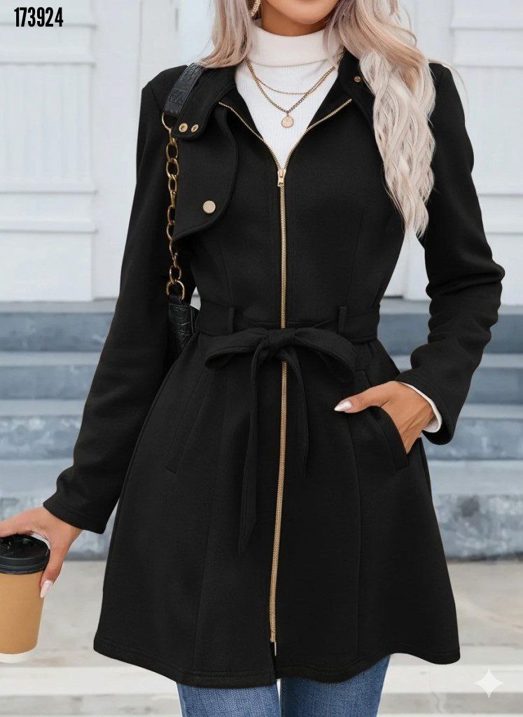 Kadın Süet Kaşe Kaban – Boyundan Düğmeli, Fermuarlı, Beli Kuşaklı Uzun Kollu Şık Dış Giyim