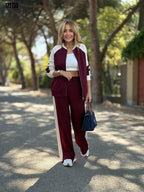 Kadın Hakim Yaka Şerit Detaylı Hırka & Bol Paça Pantolon İkili Takım – Şık ve Rahat Kombin Seti