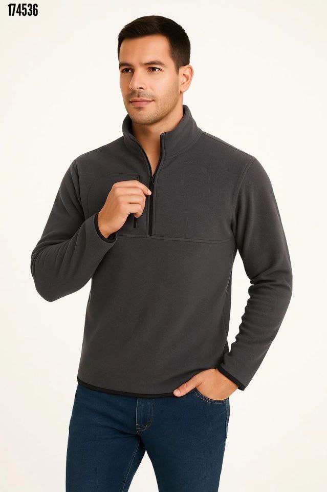 Erkek Polar Kazak – Dik Yaka Yarım Fermuarlı, Göğüs Cepli, Regular Fit Kışlık Siyah Polar