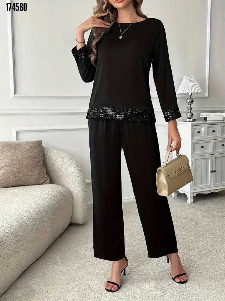 Kadın Bisiklet Yaka Pul Payetli Viskon İki İplik Bluz & Pantolon İkili Takım – Şık & Rahat Set