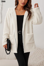 Kadın Kapşonlu Önden Fermuarlı Cepli Welsoft Peluş Ceket – Yumuşak & Sıcak Dış Giyim