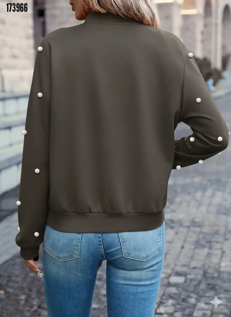 Kadın Uzun Kollu Önden Fermuarlı İnci Detaylı Kısa Modal Ceket