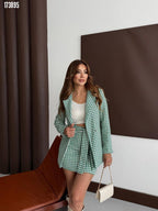 Kadın Kazayağı Desenli Kemerli Vatkalı 3’lü Ceket Takım