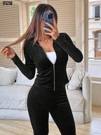 Kadın Kadife Fermuarlı Bluz & Bol Paça Pantolon İkili Takım – Şık, Rahat ve Modern Stil