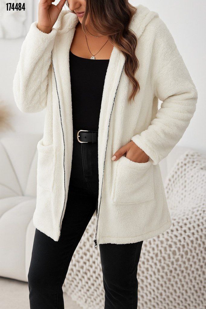 Kadın Kapşonlu Önden Fermuarlı Cepli Welsoft Peluş Ceket – Yumuşak & Sıcak Dış Giyim