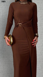 Kadın Balıkçı Yaka Toka Detaylı Sandy Kumaş Midi Elbise