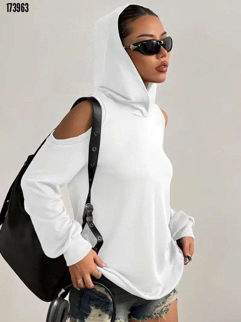 Kadın Uzun Kollu Kapüşonlu Omuzları Açık Viskon İki İplik Bluz