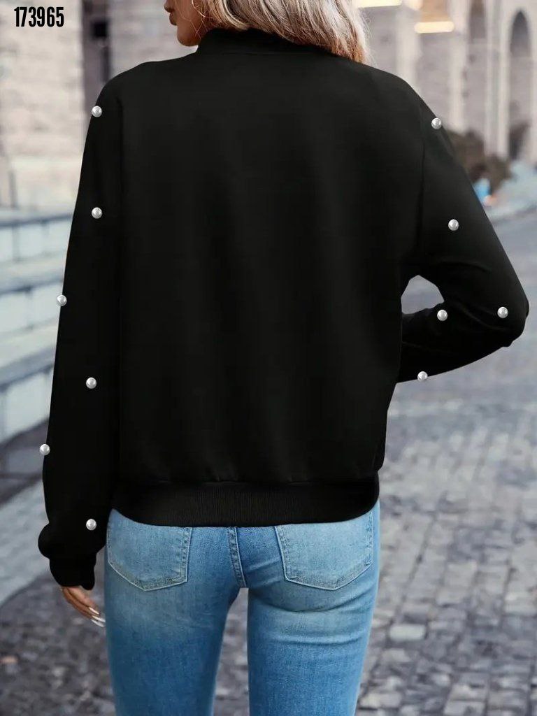 Kadın Uzun Kollu Önden Fermuarlı İnci Detaylı Kısa Modal Ceket