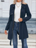Kadın Süet Kaşe Kaban – Boyundan Düğmeli, Fermuarlı, Beli Kuşaklı Uzun Kollu Şık Dış Giyim
