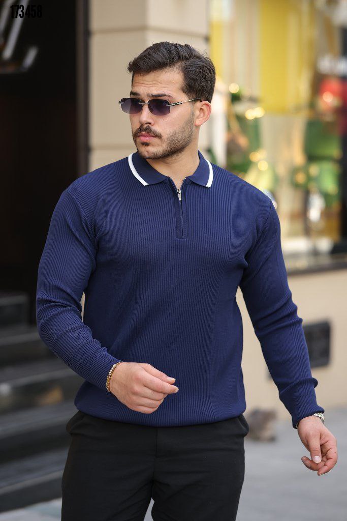 Erkek Fermuarlı Yarım V Yaka Şeritli Triko – Sportif & Şık Tasarım, Rahat Günlük Kazak