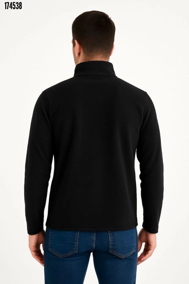 Erkek Polar Kazak – Dik Yaka Yarım Fermuarlı, Göğüs Cepli, Regular Fit Kışlık Siyah Polar