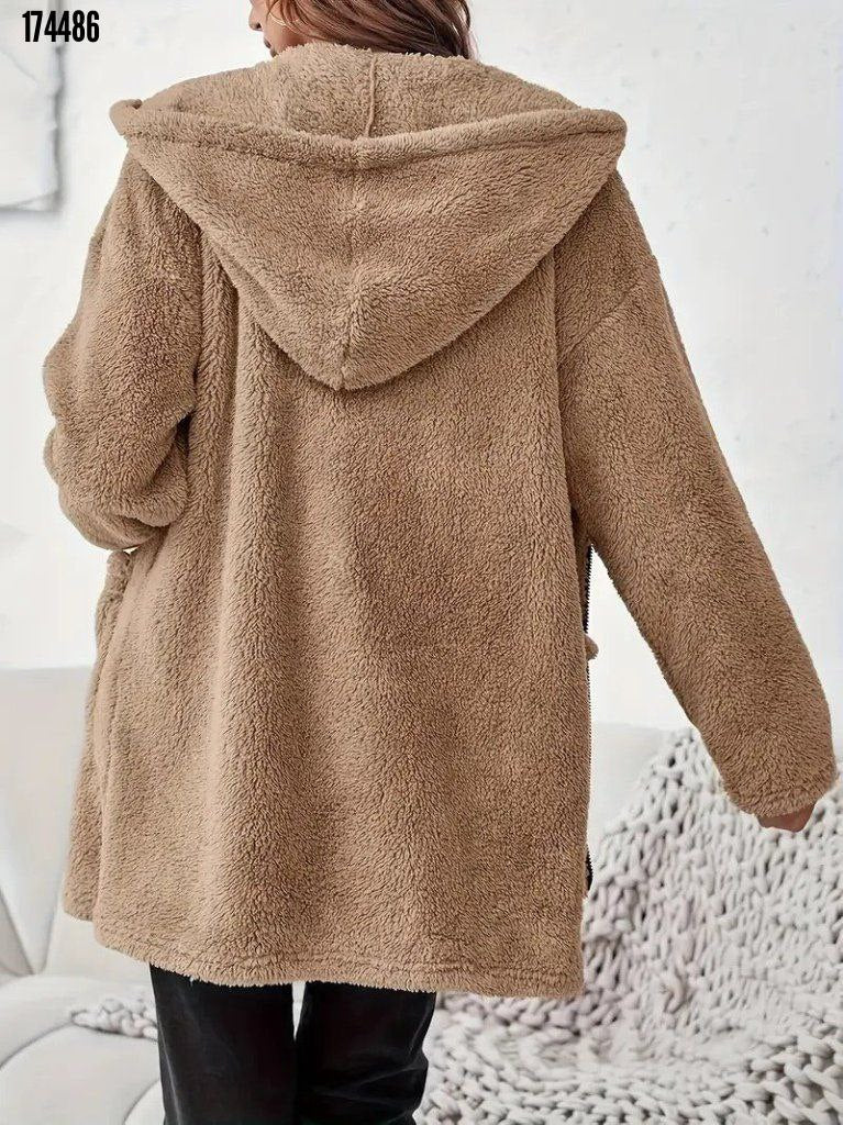 Kadın Kapşonlu Önden Fermuarlı Cepli Welsoft Peluş Ceket – Yumuşak & Sıcak Dış Giyim
