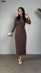 Kadın Balıkçı Yaka Toka Detaylı Sandy Kumaş Midi Elbise