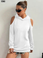 Kadın Uzun Kollu Kapüşonlu Omuzları Açık Viskon İki İplik Bluz