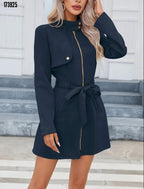 Kadın Süet Kaşe Kaban – Boyundan Düğmeli, Fermuarlı, Beli Kuşaklı Uzun Kollu Şık Dış Giyim