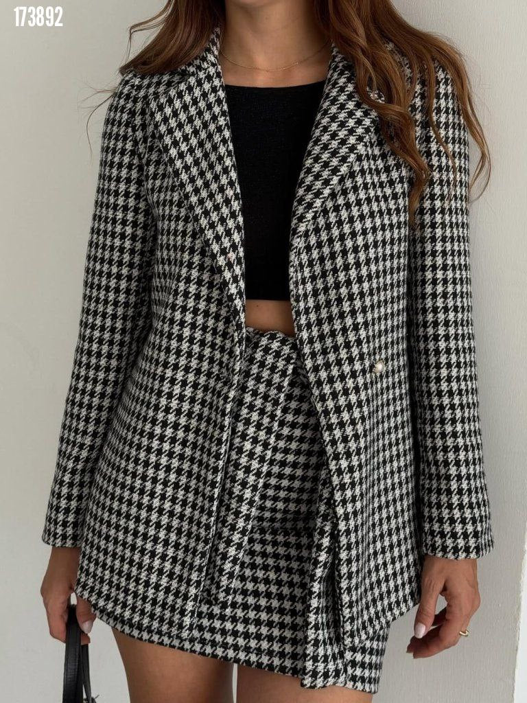 Kadın Kazayağı Desenli Kemerli Vatkalı 3’lü Ceket Takım