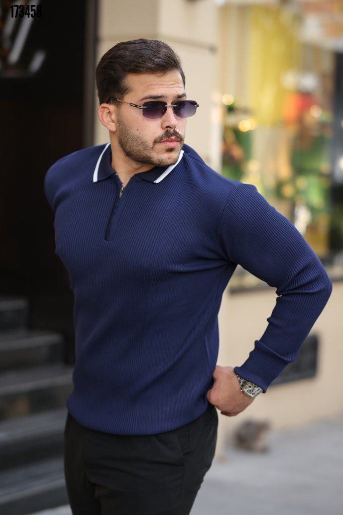 Erkek Fermuarlı Yarım V Yaka Şeritli Triko – Sportif & Şık Tasarım, Rahat Günlük Kazak
