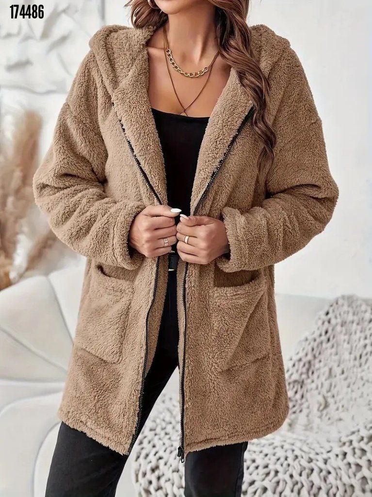 Kadın Kapşonlu Önden Fermuarlı Cepli Welsoft Peluş Ceket – Yumuşak & Sıcak Dış Giyim