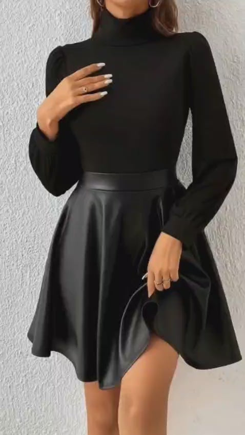 Kadın Balıkçı Yaka Kaşkorse Üst Deri Detaylı Mini Elbise